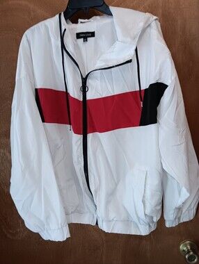 New Look White Hooded Windbreaker with Red and Black Chest Stripe